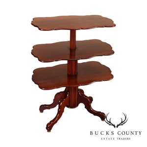 May include: A three-tiered mahogany table with scalloped edges on each shelf. The table has a turned pedestal base with four carved legs.