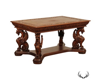 RJ Horner Antique Renaissance Revival Griffin Carved Oak Writing Desk or Library Table