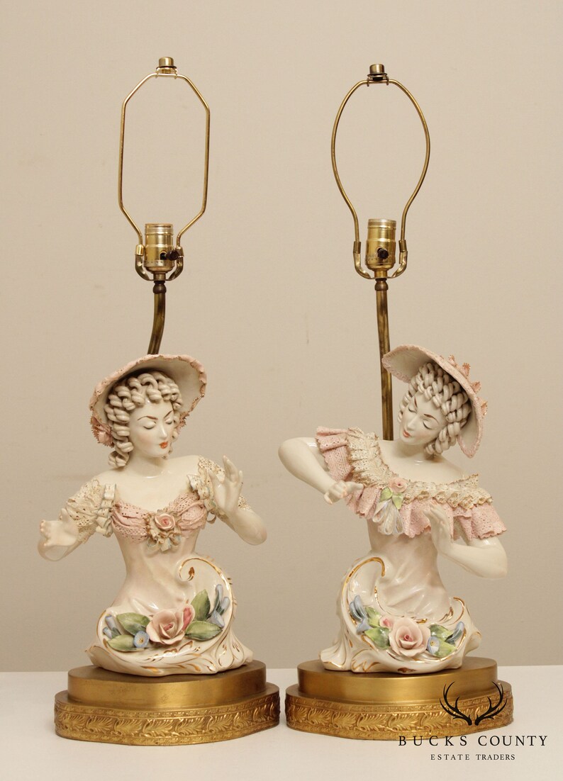 Vintage Pair Porcelain Figurine Table Lamps Etsy