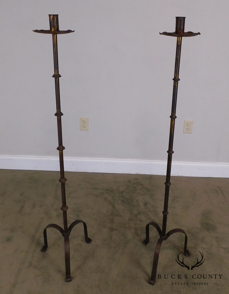 Pair Gothic Floor Standing Wrought Iron Single Candle Holders Etsy