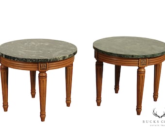 French Louis XVI Style Vintage Walnut Pair Round Marble Top Side Tables