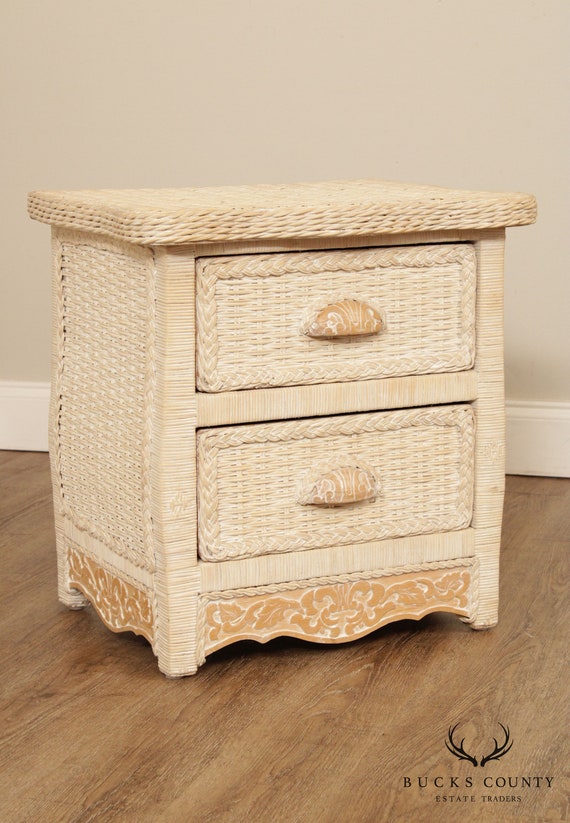 Jamaica Collection White Washed Wicker Pair 2 Drawer Nightstands