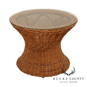 Mid Century Round Glass Top Wicker Side Table