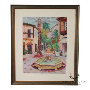 May include: A framed painting depicting a courtyard scene with a central stone fountain, a tall palm tree, and surrounding buildings with balconies. The artwork features warm tones, green foliage, and red flowers, signed by the artist H. Hooser.