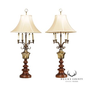 Knob Creek Pair of Brass and Turned Wood Vintage Table Lamps