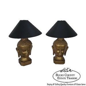 Vintage Pair of Mid Century Buddha Head Lamps by Plasto Co.