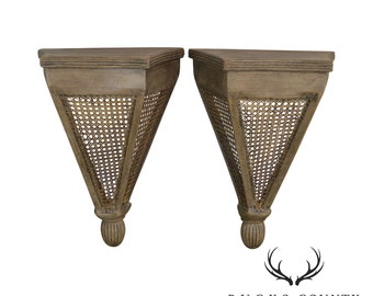 French Style Pair Painted Caned Wall Shelves