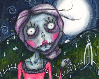 Cemetery Maiden Print, Watercolor, Giclee Print, gothic art, horror art, Art, Wall Art