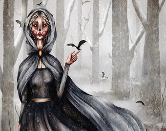 Grijze bosheks print, donkere kunst, Witchy aquarel, Art Print, horror kunst, gotische kunst, decor van het huis, verhalenboek kunst, illustratie