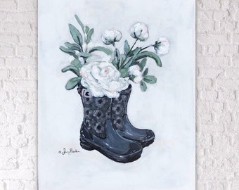 Rain Boot Peonies - SARA BAKER - Unframed Paper Print 12x16 inches