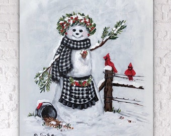 Frosty Friends II / Snowman with red birds in snow - SARA BAKER - Unframed Paper Print 12x16 inches