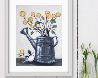 Sharing flowers with a friend / watering can / tufted titmouse & yellow billy bobs  - SARA BAKER - Paper Print 12x16 inches