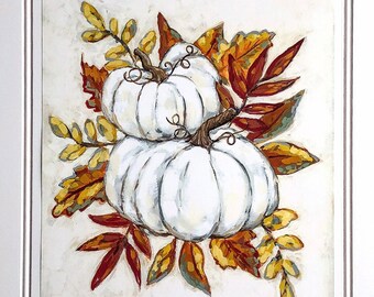 White Pumpkin Fall Foliage | Fall Art - SARA BAKER - Unframed Paper Print 11x14 inches