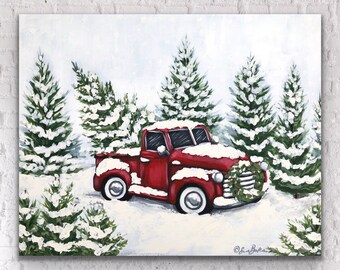 Red Truck and Tree / Tree Farm Traditions / Red vintage truck in snow - SARA BAKER - Unframed Paper Print 12x16 inches