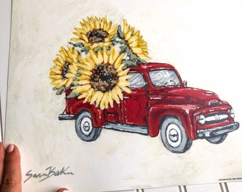 Sunflower Farm Truck | Fall Art - SARA BAKER - Unframed Paper Print 11x14 inches