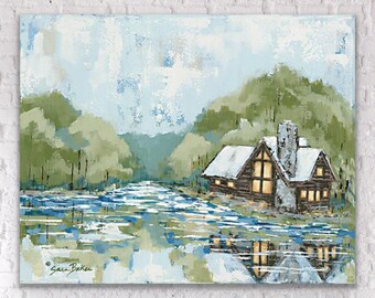 Adventure Lake / Log Cabin on the lake - SARA BAKER - Unframed Paper Print 12x16 inches