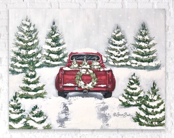Red Truck and Tree / Tree Farm Traditions II / Red vintage truck in snow - SARA BAKER - Unframed Paper Print 12x16 inches