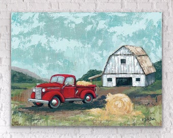 Red Vintage truck at the barn / Hay field / White barn - SARA BAKER - Unframed Paper Print 12x16 inches