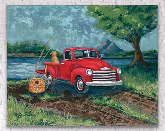 Red Vintage truck & fishing buddy / golden retriever / vintage fishing pole - SARA BAKER - Unframed Paper Print 12x16 inches