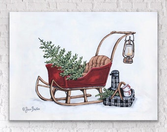 Vintage Red wood Sleigh / Old snow sled - SARA BAKER - Unframed Paper Print 11x14 inches