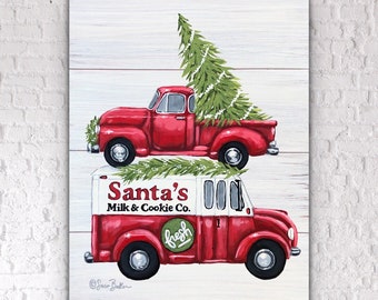 Red Truck and Tree / Santa’s Cookie truck / Red vintage trucks Christmas - SARA BAKER - Unframed Paper Print 11x14 inches