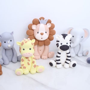 Fondant Jungle Animal Toppers 3.5&quot; Elephant, Giraffe, Lion, Hippo, Monkey, Zebra, Rhino, cake, safari, neutral, gender reveal, baby shower