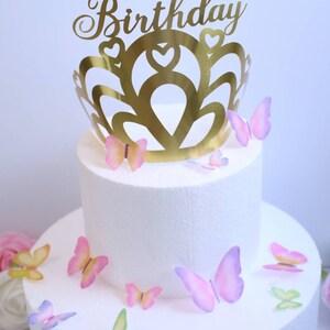 Crown and Edible Butterflies Cake Kit, colorful rainbow cake Toppers, 1 DOZEN, edible paper, baby shower, 1st birthday, spring, princess