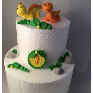 Fondant Dinosaur Toppers, number plaque, rocks & plants, fondant cake toppers, birthday cake