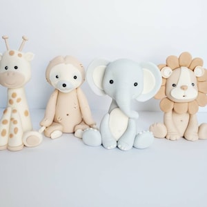 Fondant Jungle Animal Toppers: 4&quot; Elephant, Giraffe, Lion, & Sloth, fondant cake toppers,  cake decoration,  gender reveal, gender neutral