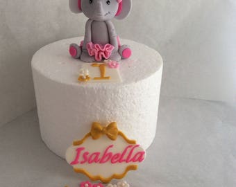 Fondant Elephant with Bow and Tutu and Name Plaque