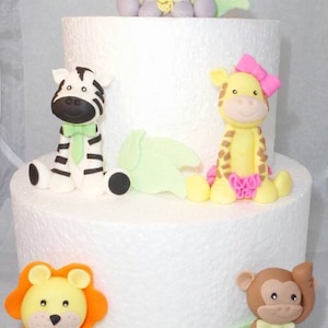 Fondant Animal Cake Toppers Elephant Monkey Giraffe  Lion Zebra, fondant cake toppers, baby shower cake