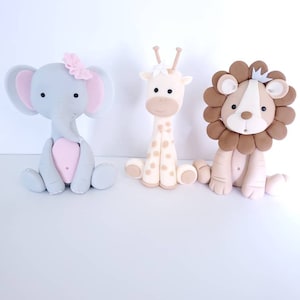 Fondant Jungle Animal Toppers: 4&quot; Elephant, Giraffe, Lion with Crown