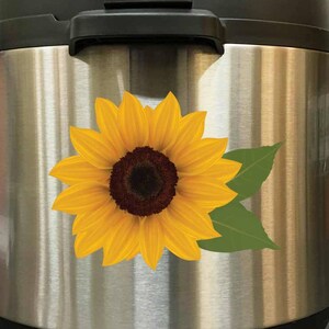 May include: A stainless steel Instant Pot with a sunflower decal. The sunflower is yellow with a brown centre and green leaves.
