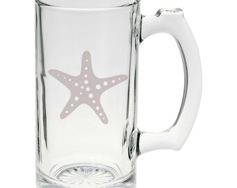 Awesome Ocean Water Starfish Hand Etched Mug - 25 Ounce Etched Stein Glass Mug