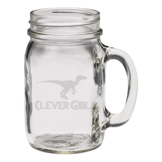 Clever Girl Raptor Dinosaur Hand Made Etched Glass Can 16 oz 