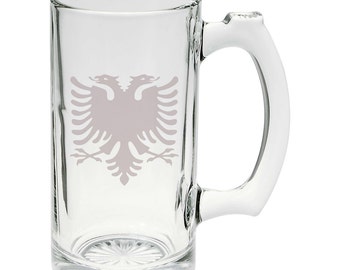 Albanian Country Pride Birds Hand Etched Mug 25 ounce Beer Stein Glass Cup