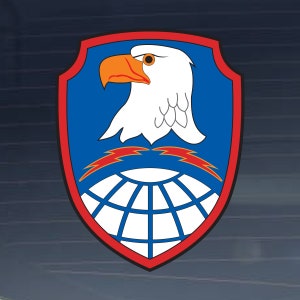 May include: A blue and red shield with a white eagle head and lightning bolts above a white globe. The eagle has an orange beak and black eyes.