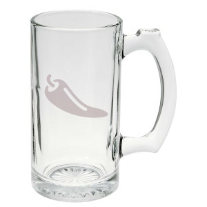 May include: A clear glass beer mug with a white chili pepper design. The mug has a handle and a rounded bottom.
