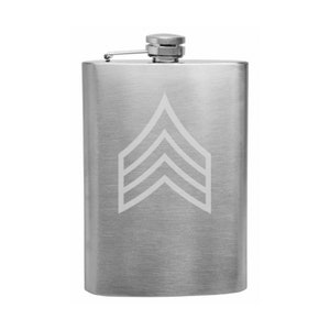 May include: A silver stainless steel flask with a white engraved design of three chevrons.
