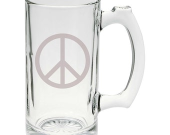 Peace Sign Hand Etched Mug 16 ounce Beer Stein Glass Cup