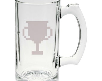 8 Bit Trophy Gaming Video Game Hand Etched Mug 16 ounce Beer Stein Glass Cup