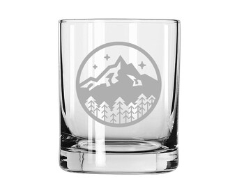 Mountain and Forest Badge Trees Etched Rocks Glass