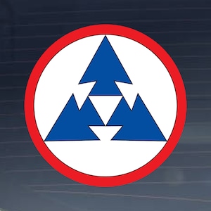 May include: A red circle with a white background and a blue triangle design. The triangle is made up of three smaller triangles, each pointing in a different direction.