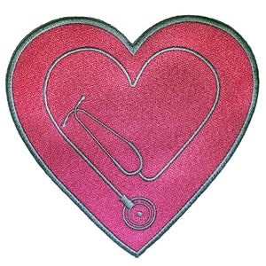 May include: A pink heart-shaped patch with a silver embroidered stethoscope inside.