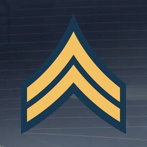 以下が含まれることがあります： 濃い青色の背景に、2本のストライプが付いた金色のシェブロン。これは軍隊の階級章です。