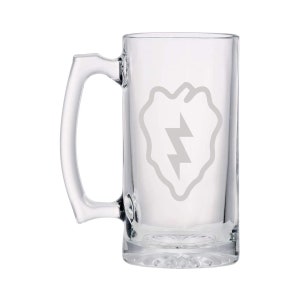 May include: A clear glass beer stein with a handle. The stein is etched with the 101st Airborne Division patch, which features a lightning bolt inside a heart shape.