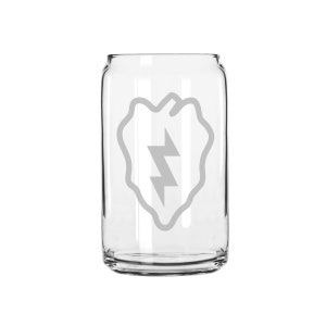 May include: A clear glass can with a white etched design of the 101st Airborne Division patch. The patch features a lightning bolt inside a stylized heart shape.