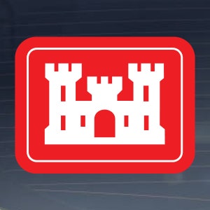 May include: A red square with a white castle silhouette inside. The castle has five towers and a gate.