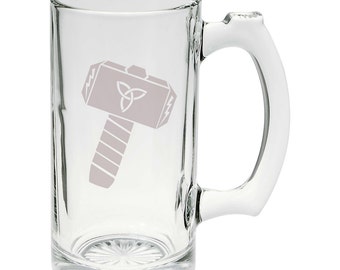 Thor's Hammer Norse Mythology Hand Etched Mug - 25 Ounce Etched Stein Glass Mug