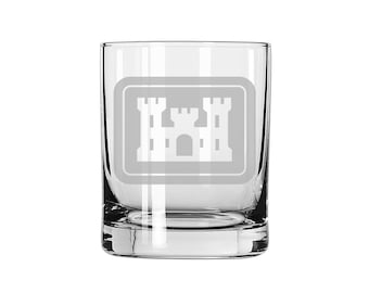 US Army United States Army Corps Of Engineers Logo SSI Shoulder Sleeve Patch Etched Whiskey Glass 8 ounce